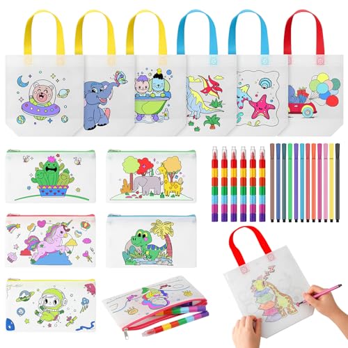 30 Stück Stoffbeutel zum Bemalen für Kinder, 6 Taschen & 6 Federmäppchen zum Bemalen mit 12 Farbe Stiften & 6 Stapelbare Wachsmalstifte für Basteln Kindergeburtstag Gastgeschenke DIY Graffiti Taschen von Lvefyti