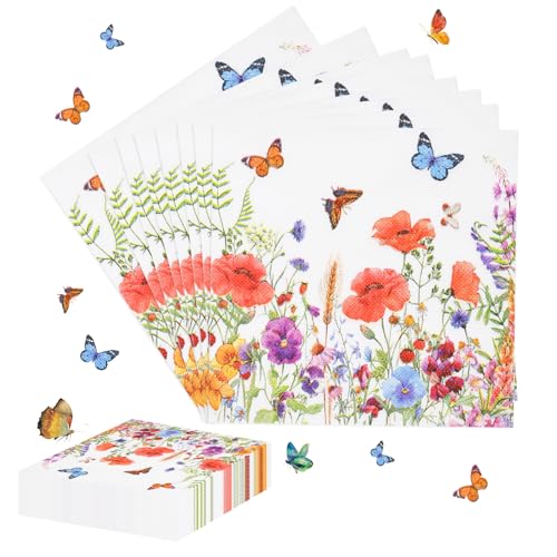 Lvefyti 100 Stück Papierservietten mit Blumen, 33x33cm Servietten Blumenmuster für Geburtstage, Partys, Hochzeiten und Feiern, Schmetterlinge Servietten, Servietten Tischdeko von Lvefyti