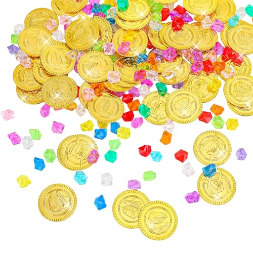 Lvefyti 200 Stück Goldmünzen Piratenschatz,50 Stück Pirat Münzen 150 Stück Mehrfarbige Edelsteine Piraten Schmucksteine Set mit 2 Stück iratentasche mit Kordelzug für Schatzsuche Kindergeburtstag von Lvefyti