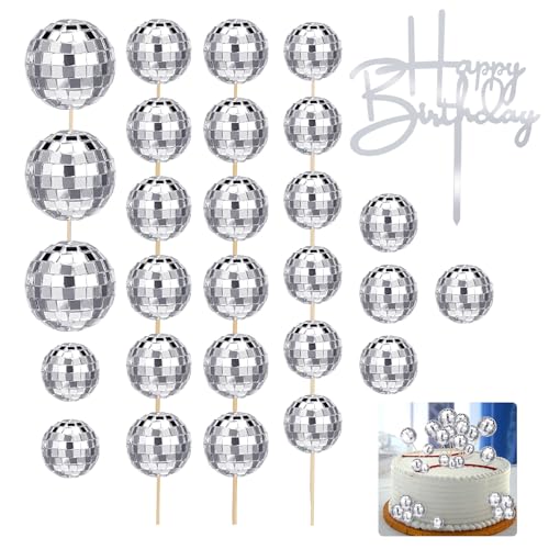 Lvefyti 28 Stück Disco Ball Cupcake Toppers, Discokugel Kuchen Toppers, 1970S Disco Ball Cupcake Dekorationen Discokugel Deko Tortendeko Spiegelkugel für Geburtstags 70er 80er 90er Party von Lvefyti