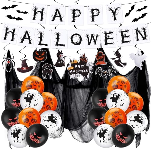 Lvefyti 39 Stücke Wiederverwendbare Halloween Deko Set,Gruselig Stoff,Halloween Girlande Luftballons 3D Fledermäuse Spinnennetz Deko Kürbis Geister Hexen Katze Skelett Spiralen Deckendeko von Lvefyti