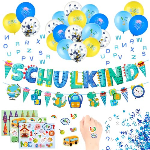 Lvefyti Einschulung Deko Jungen, SCHULKIND Deko Einschulung Girlande, Schulanfang Luftballon, Einschulung Konfetti, Aufkleber, Folienballon Schulanfang Schuleinführung Deko von Lvefyti