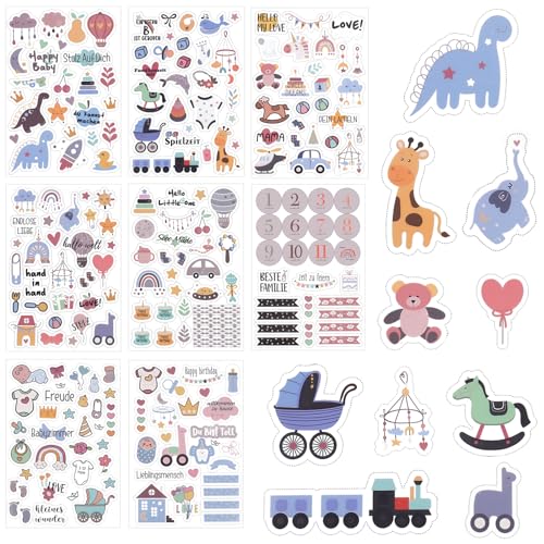 Lvefyti Sticker Babyalbum,212 Stücke Babyalbum Sticker,Taufe Sticke für Junge Mädchen,4 Blatt Aufkleber Set für Babyshower Geschenk Gender Reveal Geburtstag Scrapbook Zubehör von Lvefyti