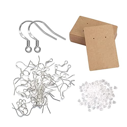 Lwtsrp 200pcs Ohrring Haken mit 50pcs Ohrringhalter Karten, 925 Ohrringe Selber Machen Set Hypoallergene Ohrhaken, Sterling Silber Ohrhänger Ohrring Haken, für Handgemachte DIY Schmuckherstellung von Lwtsrp