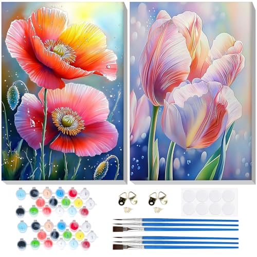 Lxmsja 2 Stück Blumen Malen Nach Zahlen Erwachsene mit Rahmen, Malen Nach Zahlen Tulpe, Diy Set Erwachsene mit Pinseln und Acrylfarben Handgemalt Ölgemälde Leinwand für Home Décor, 20x30 cm von Lxmsja