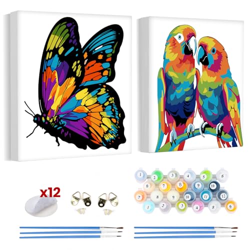 Lxmsja 2 Stück Malen Nach Zahlen Erwachsene Kinder mit Rahmen, Bunte Tiere Malen Nach Zahlen ab 5 6 7 8 9 10 Jahre Mädchen, Diy Set Erwachsene Acrylfarben Ölgemälde Leinwand für Home Décor, 20x20cm von Lxmsja