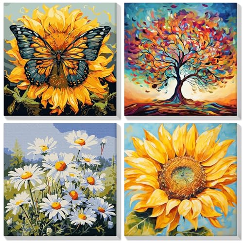 Lxmsja 4 Stück Malen Nach Zahlen Sonnenblu Erwachsene mit Rahmen, Malen Nach Zahlen Blumen, Diy Set Erwachsene mit Pinseln und Acrylfarben Handgemalt Ölgemälde Leinwand für Home Décor, 20x20 cm von Lxmsja