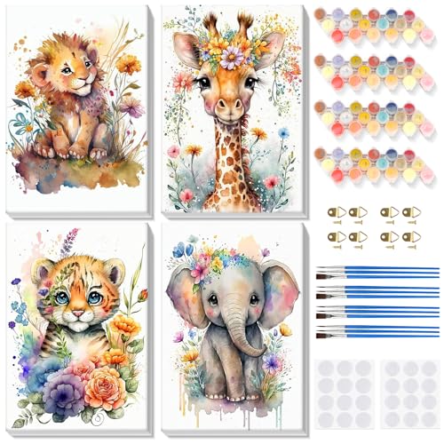 Lxmsja 4 Stück Malen Nach Zahlen Tier Erwachsene Kinder mit Rahmen, Malen Nach Zahlen Löwe Giraffe Tiger Elefant, Diy Set Erwachsene mit Pinseln und Acrylfarben Handgemalt für Home Décor, 20x30 cm von Lxmsja