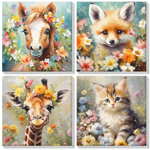 Lxmsja 4 Stück Malen Nach Zahlen Tier Erwachsene mit Rahmen, Malen Nach Zahlen Pferd Katze Fuchs Giraffe, Diy Set Erwachsene mit Pinseln und Acrylfarben Handgemalt Ölgemälde für Home Décor, 20x20 cm von Lxmsja