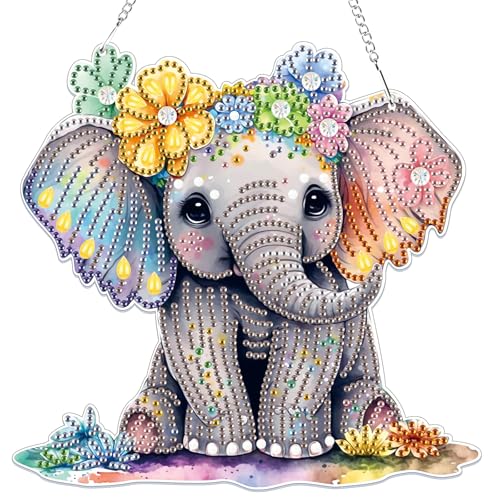 Lxmsja 5D Diamond Painting Anhänger Elefant, Tier Diamond Painting Kinder Erwachsene, Hängende Ornament Bastelset Kreativ Set für Erwachsene Geschenk Mädchen 7 8 9 10 11 Jahre, Kranz Tür Fenster Deko von Lxmsja