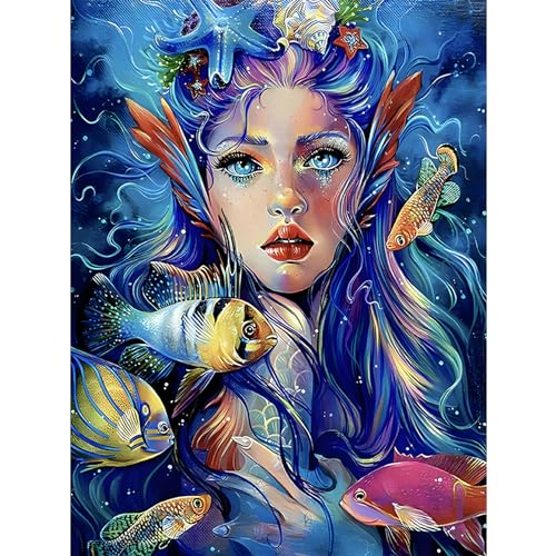 Lxmsja 5D Diamond Painting Mädchen, Fisch Diamond Painting Erwachsene Kinder, Diamant Painting Bilder, Full DIY Diamant Kunst Malerei Stickerei Set Kreuzstich Bilder Home Wand Dekor 30x40cm von Lxmsja