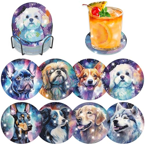 Lxmsja 8 STK Diamond Painting Untersetzer Hund mit Halter, Diamond Painting Hund, Diamant Painting Bilder Erwachsene, Diamant Tassenuntersetzer mit Kork, Basteln Kreativ Set Für Erwachsene Frauen von Lxmsja