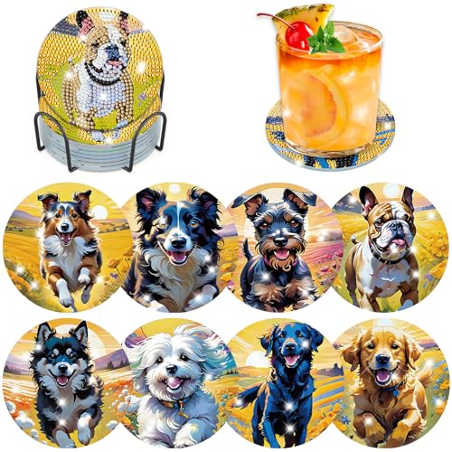 Lxmsja 8 STK Diamond Painting Untersetzer Hund mit Halter, Diamond Painting Hund, Diamant Painting Bilder Erwachsene, Diamant Tassenuntersetzer mit Kork, Basteln Kreativ Set Für Erwachsene Frauen von Lxmsja