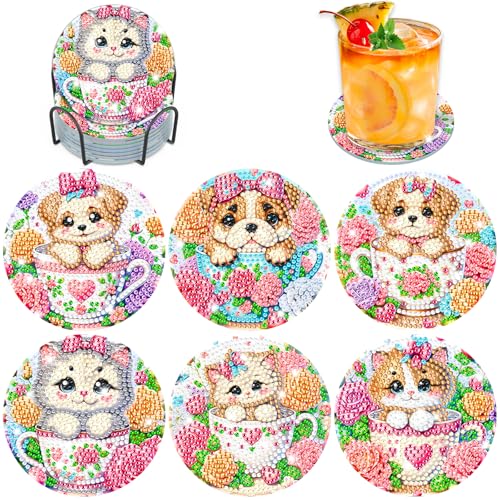 Lxmsja 8 STK Diamond Painting Untersetzer mit Halter, Diamond Painting Katze Erwachsene Kinder, Diamant Tassenuntersetzer mit Kork, Diamant Painting Bilder Hund Basteln Erwachsene Frauen, Tisch Deko von Lxmsja