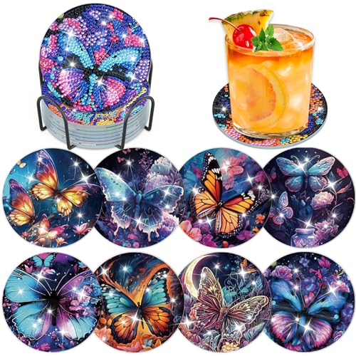 Lxmsja 8 STK Diamond Painting Untersetzer mit Halter, Diamond Painting Schmetterling, Diamant Painting Bilder Erwachsene Kinder, Diamant Tassenuntersetzer mit Kork, Basteln Erwachsene Frauen von Lxmsja