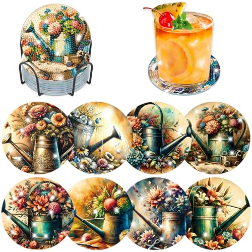 Lxmsja 8 STK Diamond Painting Untersetzer mit Halter, Diamond Painting Watering Can Erwachsene, Diamant Tassenuntersetzer mit Kork, Diamant Painting Bilder Basteln Erwachsene Frauen, Tisch Deko von Lxmsja