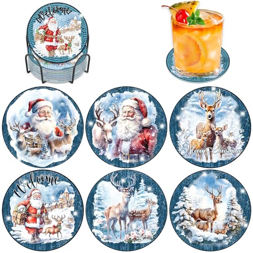 Lxmsja 6 STK Weihnachten Diamond Painting Untersetzer mit Halter, Diamant Painting Bilder Erwachsene Kinder, Diamant Tassenuntersetzer mit Kork, Weihnachten Deko, Frauen von Lxmsja