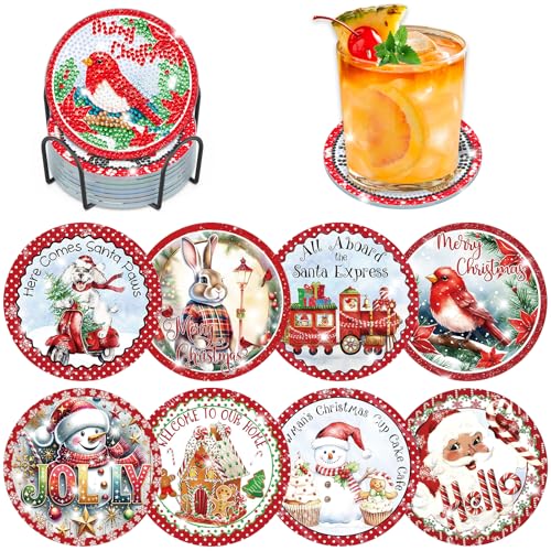 Lxmsja 8 STK Weihnachten Diamond Painting Untersetzer mit Halter, Diamant Painting Bilder Erwachsene Kinder, Diamant Tassenuntersetzer mit Kork, Weihnachten Deko, Frauen von Lxmsja