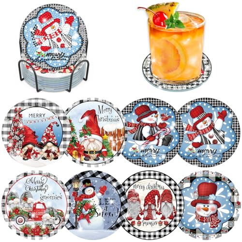 Lxmsja 8 STK Weihnachten Diamond Painting Untersetzer mit Halter, Diamant Painting Bilder Erwachsene Kinder, Diamant Tassenuntersetzer mit Kork, Weihnachten Deko, Frauen von Lxmsja