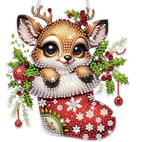 Lxmsja Diamond Painting Christmas Anhänger, 5D Diamond Painting Cute Hirsch Kinder Erwachsene, Hängende Ornament Bastelset Geschenk Mädchen 7 8 9 10 11 Jahre, Party Kranz Tür Fenster Deko von Lxmsja