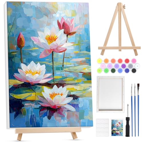 Lxmsja Lotus Malen Nach Zahlen Erwachsene Kinder mit Rahmen, Malen Nach Zahlen Blume mit Holzstaffelei, Diy Set Erwachsene mit Pinseln und Acrylfarben Ölgemälde Leinwand für Home Décor, 20x30cm von Lxmsja