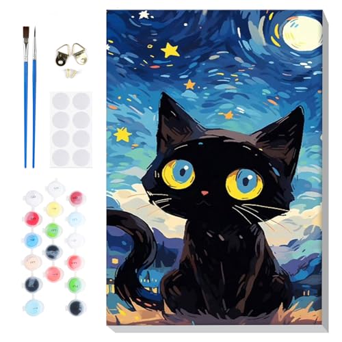 Lxmsja Malen Nach Zahlen Erwachsene Kinder mit Rahmen, Malen Nach Zahlen Starry Night Katze, Diy Set Erwachsene mit Pinseln und Acrylfarben Handgemalt Ölgemälde Leinwand für Home Décor, 20x30cm von Lxmsja