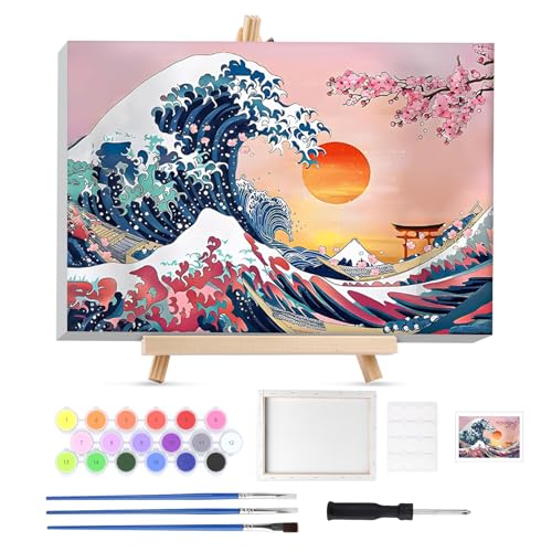 Lxmsja Malen Nach Zahlen Fuji Landschaft mit Rahmen, Malen Nach Zahlen Kirschblüte mit Holzstaffelei, Diy Set Erwachsene mit Pinseln und Acrylfarben Handgemalt für Home Décor, 20x30cm von Lxmsja