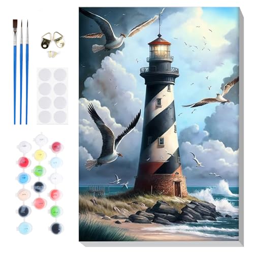 Lxmsja Malen Nach Zahlen Leuchtturm Erwachsene mit Rahmen, Malen Nach Zahlen Meer Landschaft, Diy Set Erwachsene mit Pinseln und Acrylfarben Handgemalt Ölgemälde Leinwand für Home Décor, 20x30 cm von Lxmsja