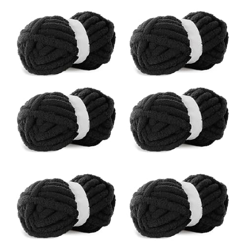 Schwarzes grobes Garn, 6 Stück, grobes Chenille-Garn zum Handstricken, sperriges, dickes, klobiges Plüschgarn für Heimwerker, extra sperriges grobes Garn für Handstrickdecken (30 Meter, je 250 g) von Lxztayuk