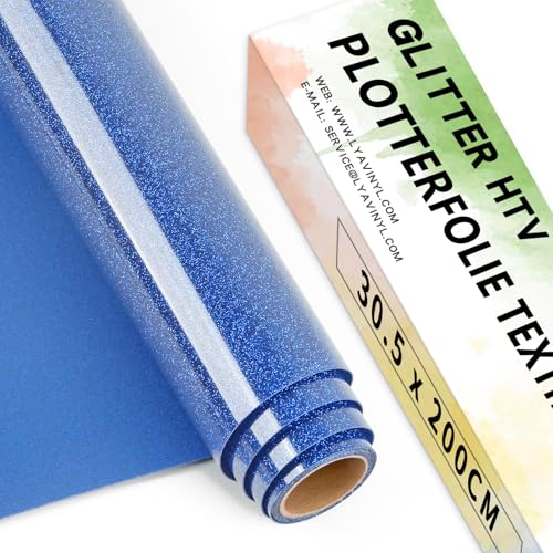 Lya Vinyl Glitzer Plotterfolie Textil, 30,5 cm x 200 cm Blau Flexfolie Plotter Textil für Cricut, Silhouette Cameo, Transferfolie zum Aufbügeln für DIY Stoffe und Shirt Plotter zubehör von Lya Vinyl