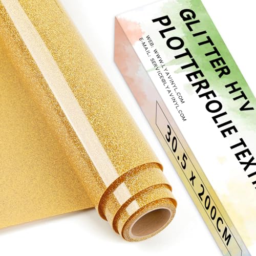 Lya Vinyl Glitzer Plotterfolie Textil, 30,5 cm x 200 cm Gold Flexfolie Plotter Textil für Cricut, Silhouette Cameo, Transferfolie zum Aufbügeln für DIY Stoffe und Shirt Plotter zubehör von Lya Vinyl