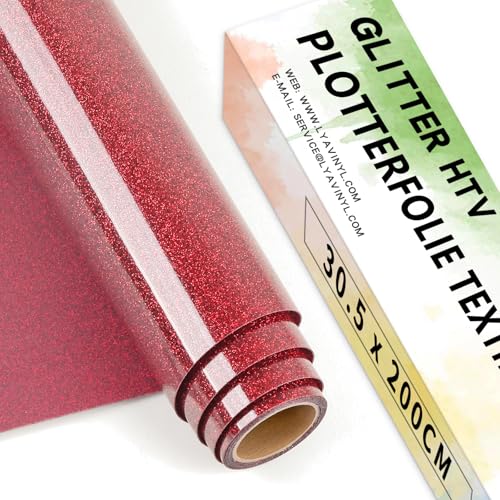 Lya Vinyl Glitzer Plotterfolie Textil, 30,5 cm x 200 cm Rot Flexfolie Plotter Textil für Cricut, Silhouette Cameo, Transferfolie zum Aufbügeln für DIY Stoffe und Shirt Plotter zubehör von Lya Vinyl