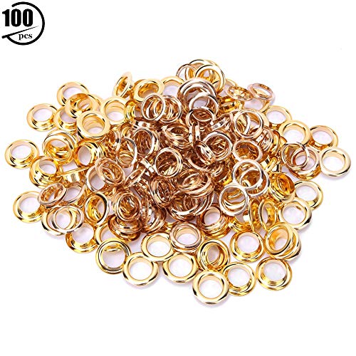 Lybunair 100 Stück Messingösen, doppelseitig, für Kleidung, Taschen, Ledergürtel, Dekorationszubehör, 10 mm, mit 100 Unterlegscheiben (Gold) von Lybunair