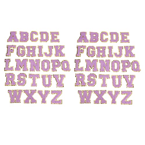 Lybunair 2 Sets mit 26 glitzernden Alphabet-Buchstaben-Aufnähern, lila-goldener Rand, leicht zu bügelnde, bestickte Aufnäher für Kleid, Mütze und Hemd von Lybunair