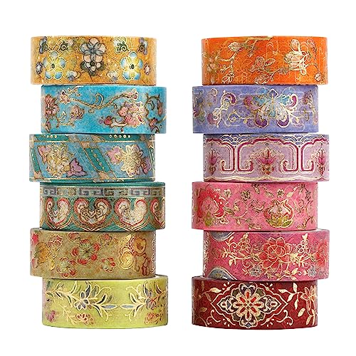 Lychii Washi Tape Set, 12 Rollen Gold Stamping Masking Tapes, Multi-Pattern Dekoratives Klebeband Kollektion für Kunst und Heimwerker, Verschönern Bullet Journals, Planer, Scrapbooking von Lychii