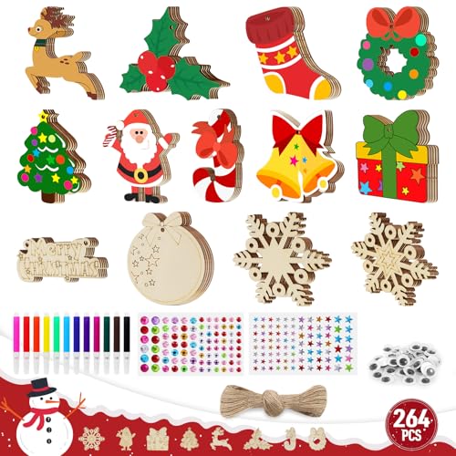 Holzanhänger zum Bemalen Weihnachten, 264 Stück Holzanhänger Christbaumschmuck, DIY Weihnachtsdekoration holz mit Juteseil und Marker, weihnachtsbasteln kinder Holz Basteln Weihnachten Kinder von Lyfeesis