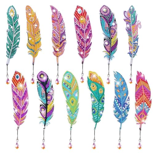 Diamond Painting Federn Lesezeichen Kinder - 12 Stück Lesezeichen Diamond Painting Set Diamant Painting Bookmark Kindergeburtstag Basteln für Jungen Mädchen und Erwachsene von Lymshine