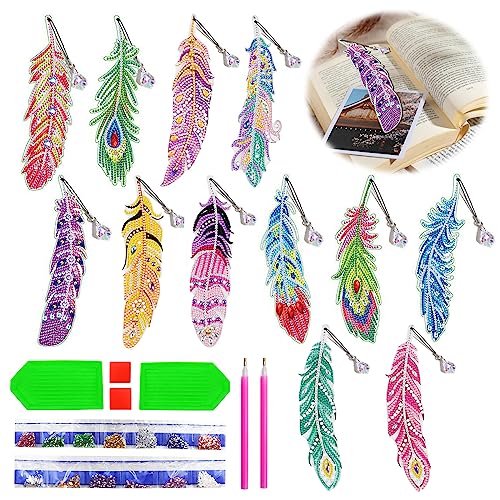 Diamond Painting Lesezeichen Set Feder - 12 Stück 5D DIY Diamant Malerei Lesezeichen Diamant Painting Bookmark Kinder Erwachsene Mit Kristall Anhänger Für Mädchen Seiten Markierungen… von Lymshine