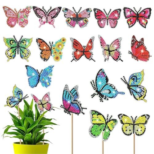 Lymshine 16 Stück Diamond Painting Schmetterling Gartenstecker - Diamond Painting Frühling Schmetterling Deko Diamant Schmetterlinge Deko Garten Diamond Painting Art für Garten Dekor… von Lymshine