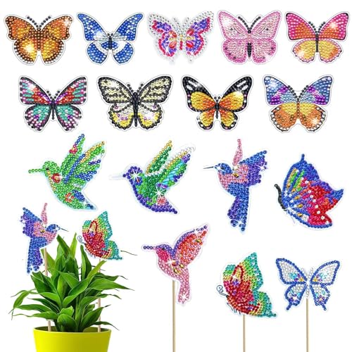 Lymshine 16 Stück Diamond Painting Schmetterling und Vögel - Diamant Painting Schmetterlinge Frühling Gartenstecker 3D Diamond Painting Butterfly Diamond Art Kits für Gartendekoration… von Lymshine