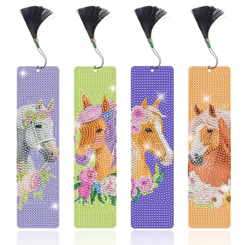 Lymshine Diamond Painting Lesezeichen Pferd - 4 Stück Lesezeichen Diamond Painting Kinder Geschenke 5D Diamant Painting Bookmark Mädchen Jungen von Lymshine