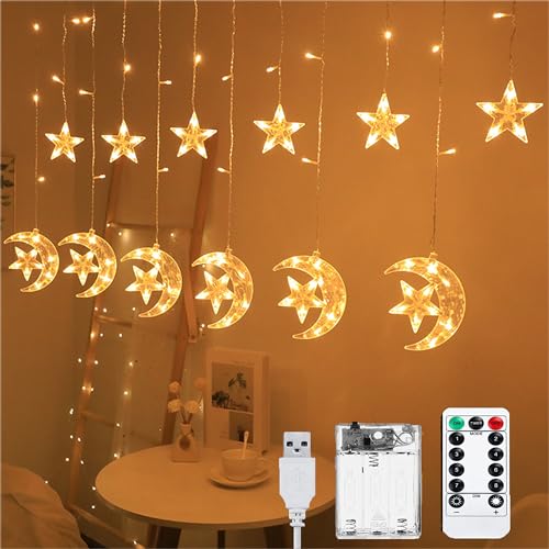 Lypumso Ramadan Lichterkette, 3.5M Sterne Mond Lichterkette, 8 Modi LED Ramadan Lichter mit Timer USB/Batterie IP44, Lichtervorhang Stern Mond Ideal für Ramadan Deko, Fenster, Balkon, Party, Hochzeit von Lypumso