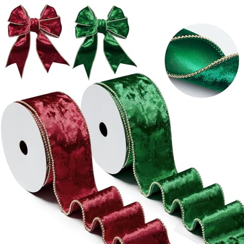 Lyrow 2 Rollen 6,3 cm x 9,1 m, Burgunderrot und Grün, Samtband mit goldenem Perlenrand für Geschenkverpackungen, Blumenhandwerk, Weihnachtsband, Baumschmuck, Schleifen, Heimdekoration von Lyrow