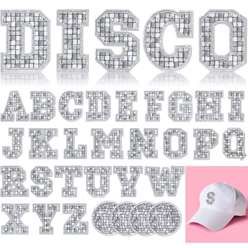 Lyrow 30 Stück Discokugel-Aufnäher zum Aufbügeln A-Z Buchstaben bestickte Applikation Western-Patches Musik Party Bling Ball Aufbügler Applikation für DIY Kleidung Rucksack T-Shirt Jeans Rock Hut von Lyrow