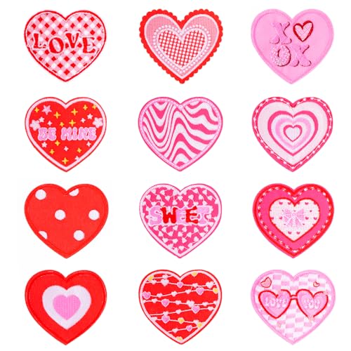 Lystaii 24 Stück Valentine Herz Aufbügler Patches Niedliche Herzform Bestickte Applikation Aufbügler Aufbügler Aufnäher Dekoration Patches für Kleidung Jacken Jeans Valentinstag Rot Rosa Verschiedene von Lystaii