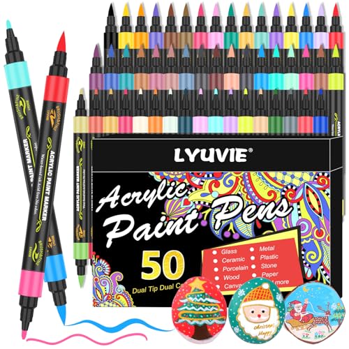 Lyuvie 100 Farben Acrylstifte für Steine Wasserfest Set,50 Stück Multimarker Acrylic Paint Marker,Dual Tip Acrylmarker Feine Spitze & Pinselspitze für Steine zum Bemalen Holz Glas Papier von Lyuvie