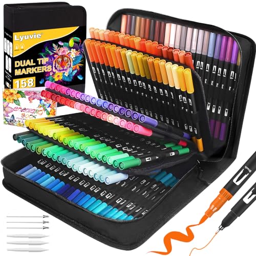 Lyuvie 158 Filzstifte Dual Brush Pen Set-Filzstifte Dicke und Dünne Pinselstifte Fineliner mit Schwarzem Etui,Marker & Filzstifte für Erwachsene Kinder Zeichnen Lettering Skizzieren Weihnachten von Lyuvie