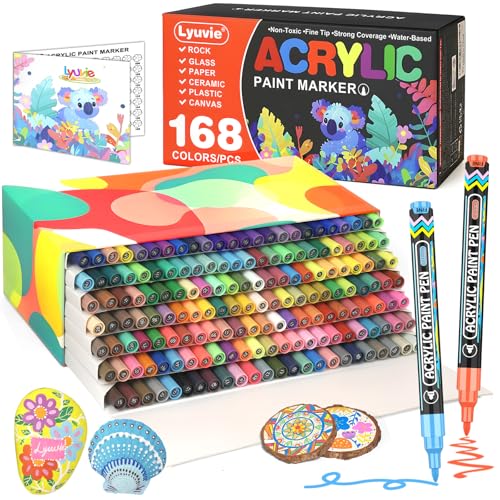 Lyuvie 168 Farben Acrylstifte für Steine Wasserfest,Permanent Marker Acrylstifte Wasserfest 0,7mm Extra Feine Spitze,Acrylmarker für Holz Rock Painting Kiesel Stein Glas Metall Keramik von Lyuvie