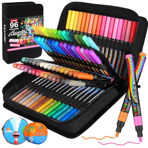 Lyuvie 96 Acrylstifte für Steine Wasserfest,3mm Medium Tip Acrylmarker Permanent Acrylic Paint Marker für Rock Malerei Stoff Kunststoff Glas Kieselsteine Stein Metall Holz Keramik von Lyuvie