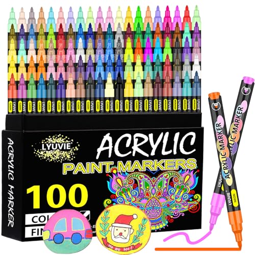 Lyuvie Acrylstifte für Steine Wasserfest,100 Farben Acrylmarker für Holz Rock Painting Glas Kiesel Stein Metall Keramik,Permanent Marker Acrylstifte Wasserfest 0,7mm Extra Feine Spitze von Lyuvie